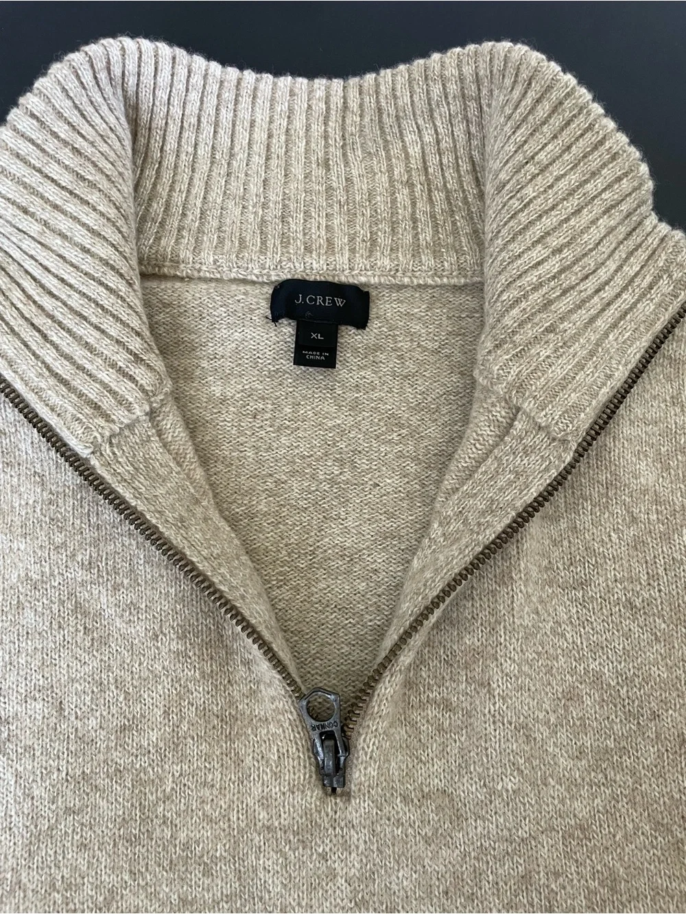 J Crew Sweater Mens XL Beige Lambs Wool 1/4 Zip Mock Neck Knit Pullover